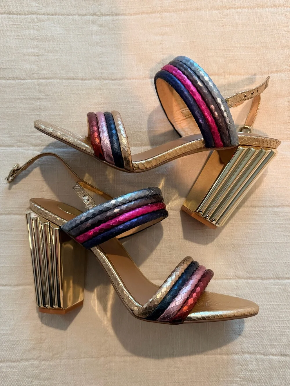 NEVER WORN - Gold Block Heel Sandals with Multicolor Braided Straps - Size 38